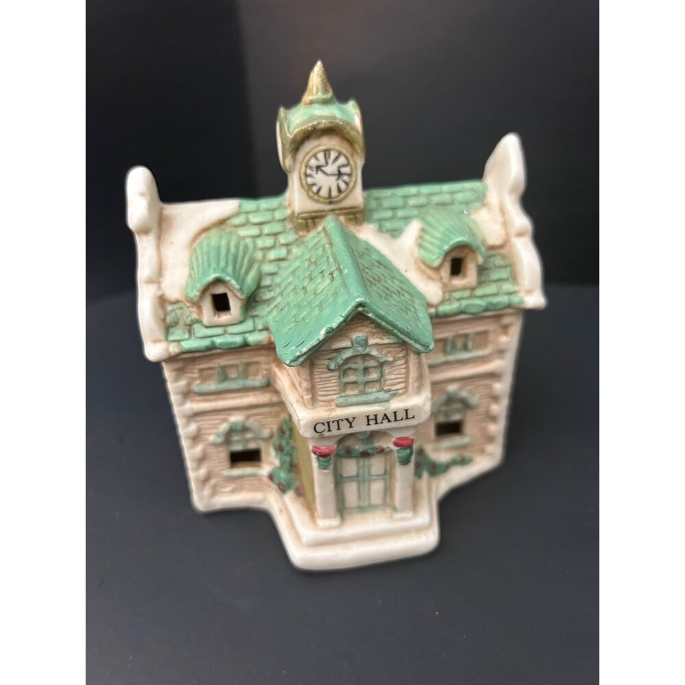 Christmas Village City Hall Miniature Figurine Clock Tower & Green Roof Vintage